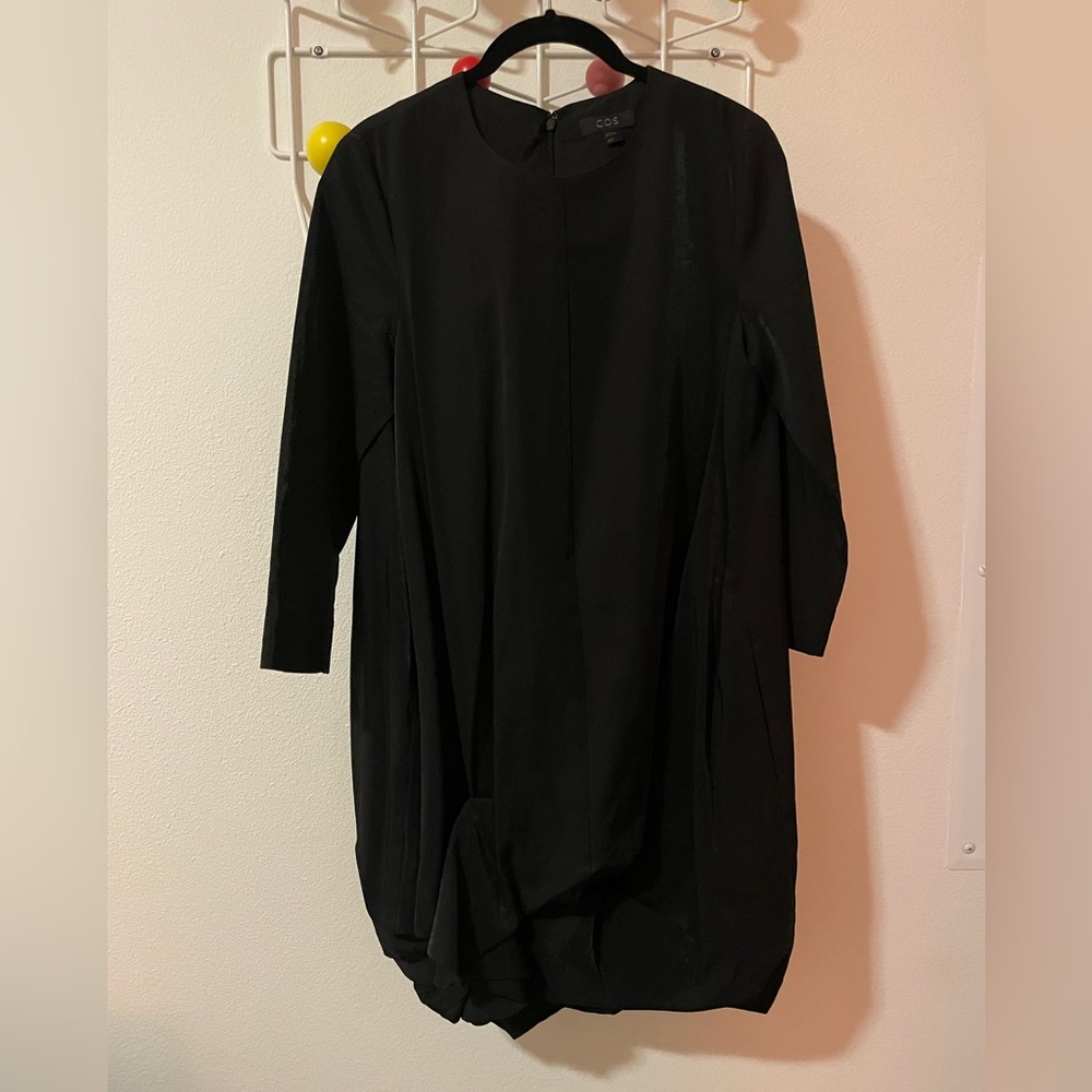 COS Long Sleeve Black Dress with Gathered Hem
